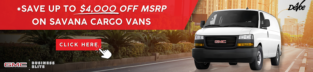 Sale banner showcasing a new 2025 GMC Savana Cargo Van at sunset on a street lined with palm trees. The text on the banner reads 'Save up to $4000 off MSRP on Savana Cargo Vans'. There is a red button with the words 'Click Here' below the previously 