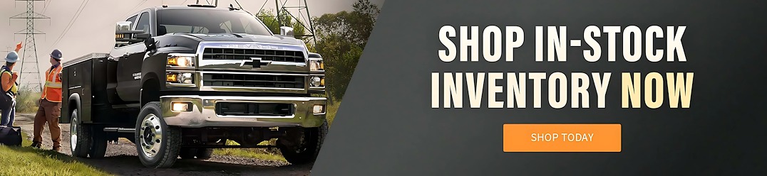 Picture of Chevrolet Commercial Truck and a CTA with text that reads 'Shop In-Stock Inventory Now' and a hyperlinked button that routes customers to the truck search page.